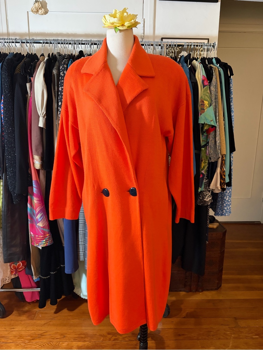 VTG 80s St. John by Marie Gray Orange Double Breasted Knit Coat Long Jacket